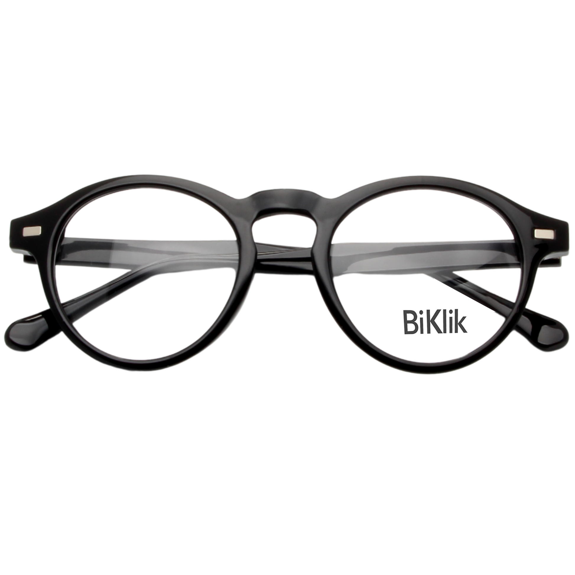 Black round eyeglasses with 'BiKlik' branding on a white background