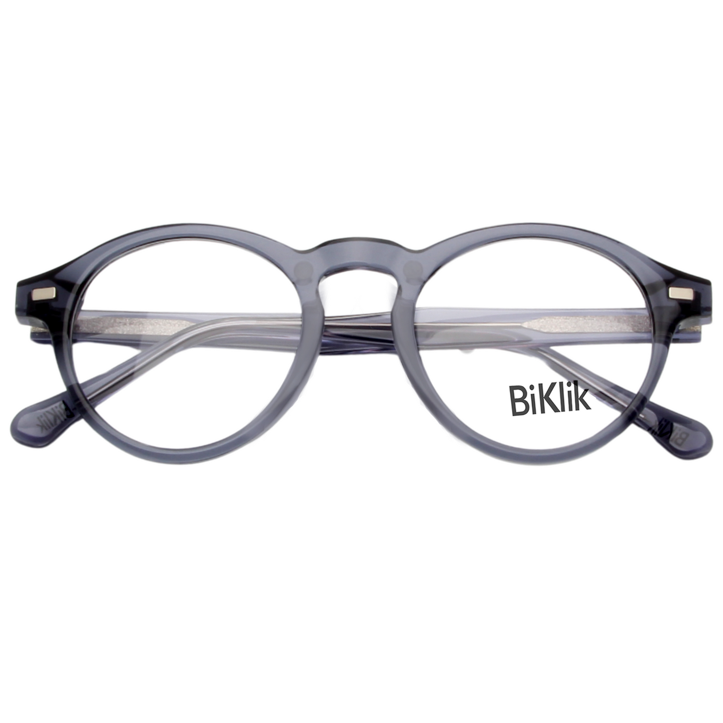 Gray eyeglasses with 'BiKlik' branding on a white background