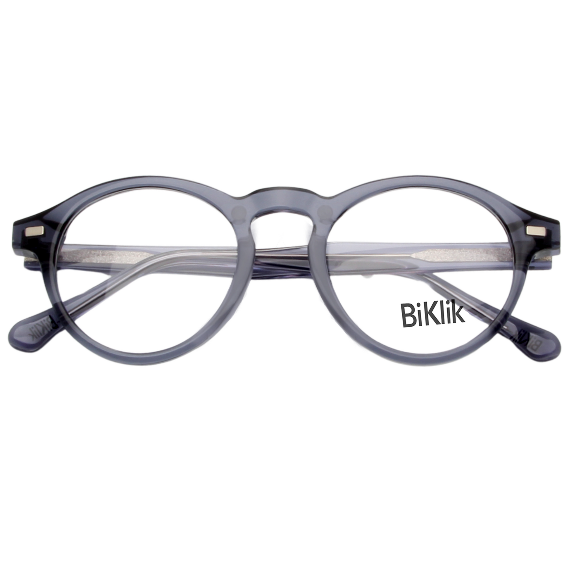 Gray eyeglasses with 'BiKlik' branding on a white background