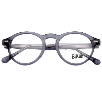 Gray eyeglasses with 'BiKlik' branding on a white background
