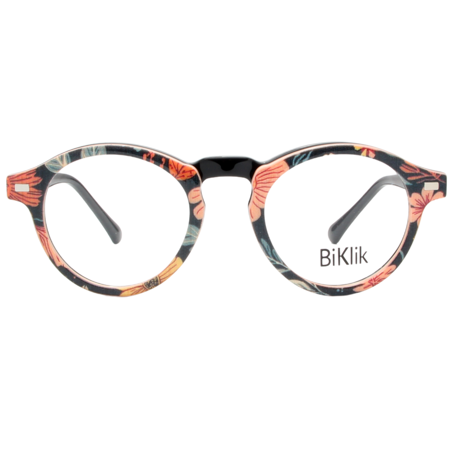 Floral-patterned eyeglasses with 'BiKlik' branding on a white background