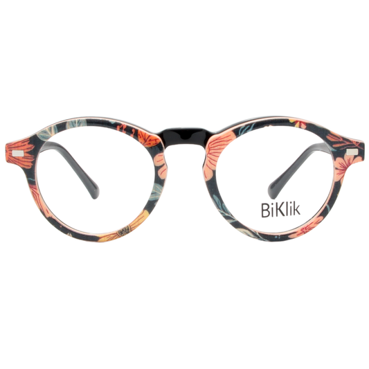 Floral-patterned eyeglasses with 'BiKlik' branding on a white background