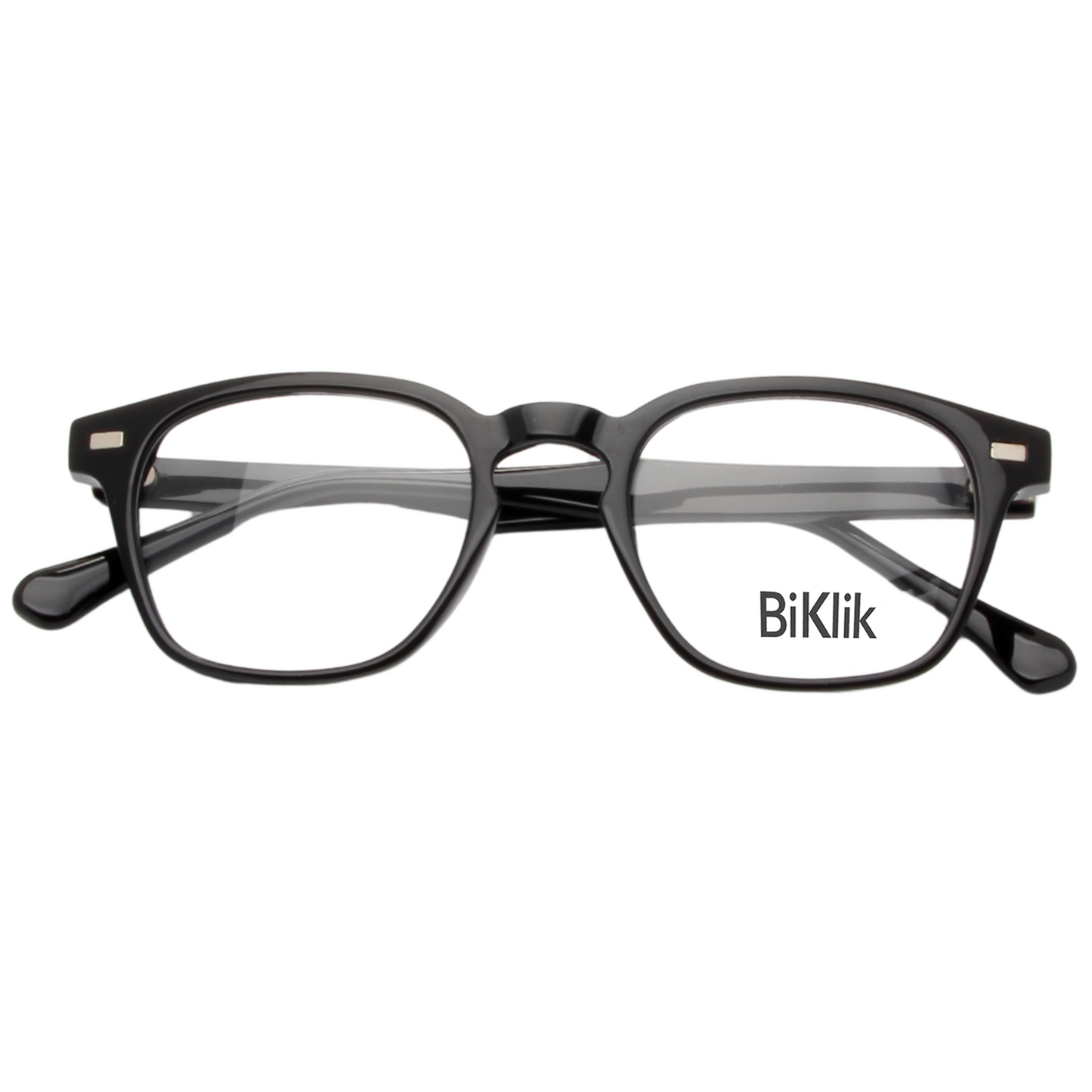 Black eyeglasses with 'BiKlik' branding on a white background