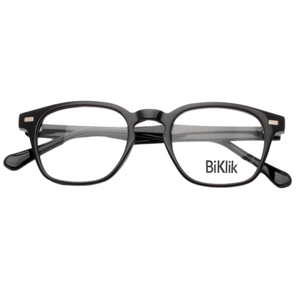 Black eyeglasses with 'BiKlik' branding on a white background