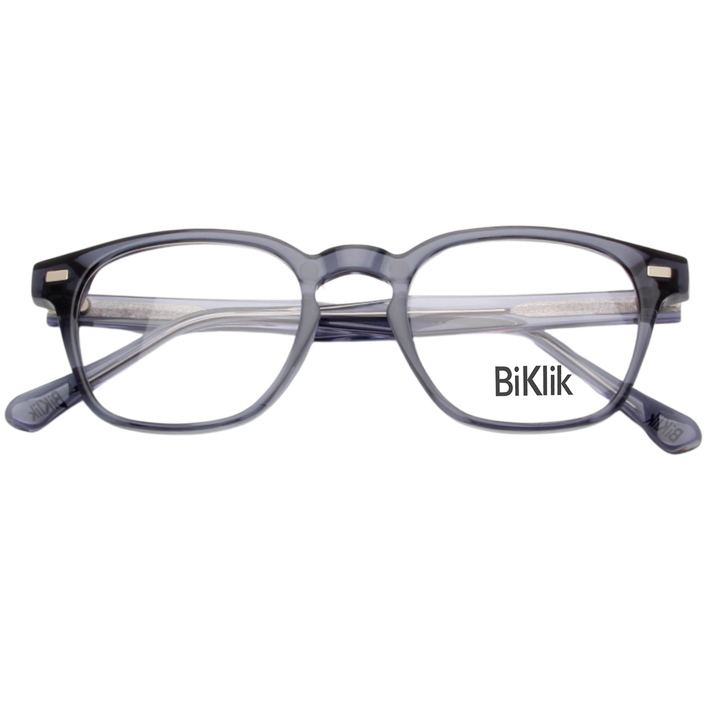 Gray eyeglasses with 'Biklik' branding on a white background