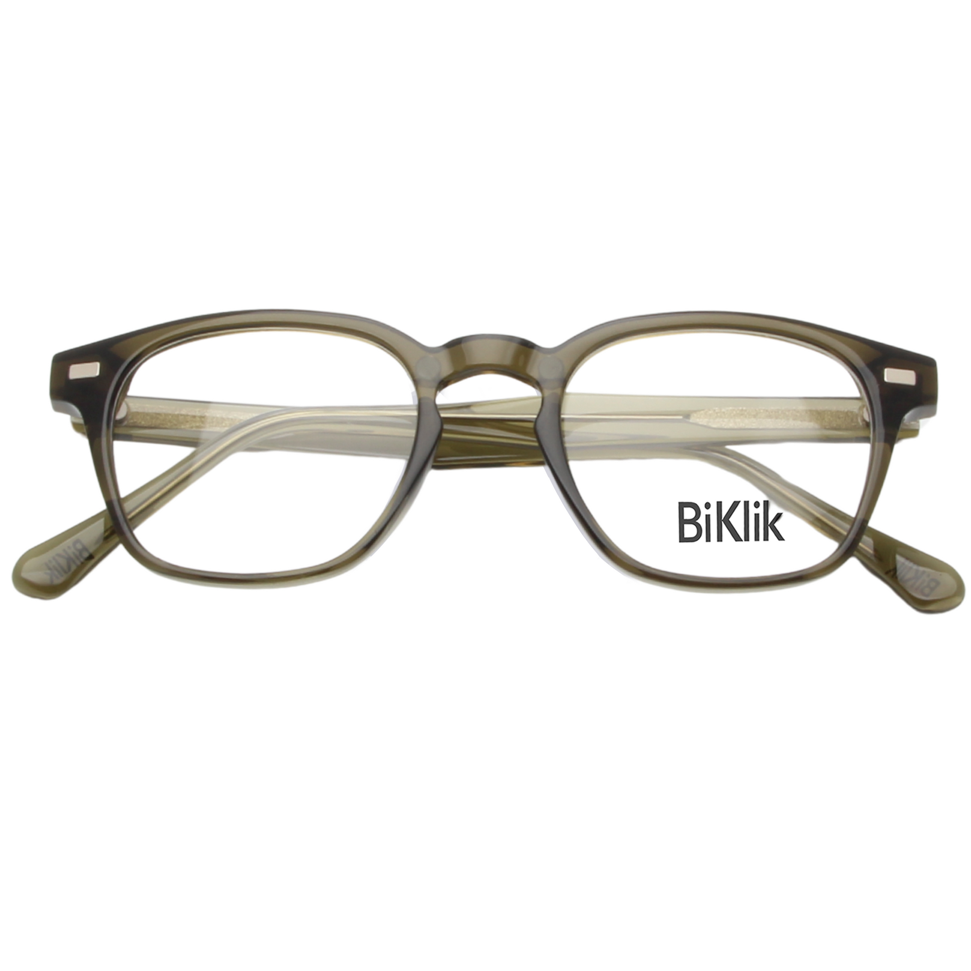 Eyeglasses with a 'BiKlik' logo on a white background