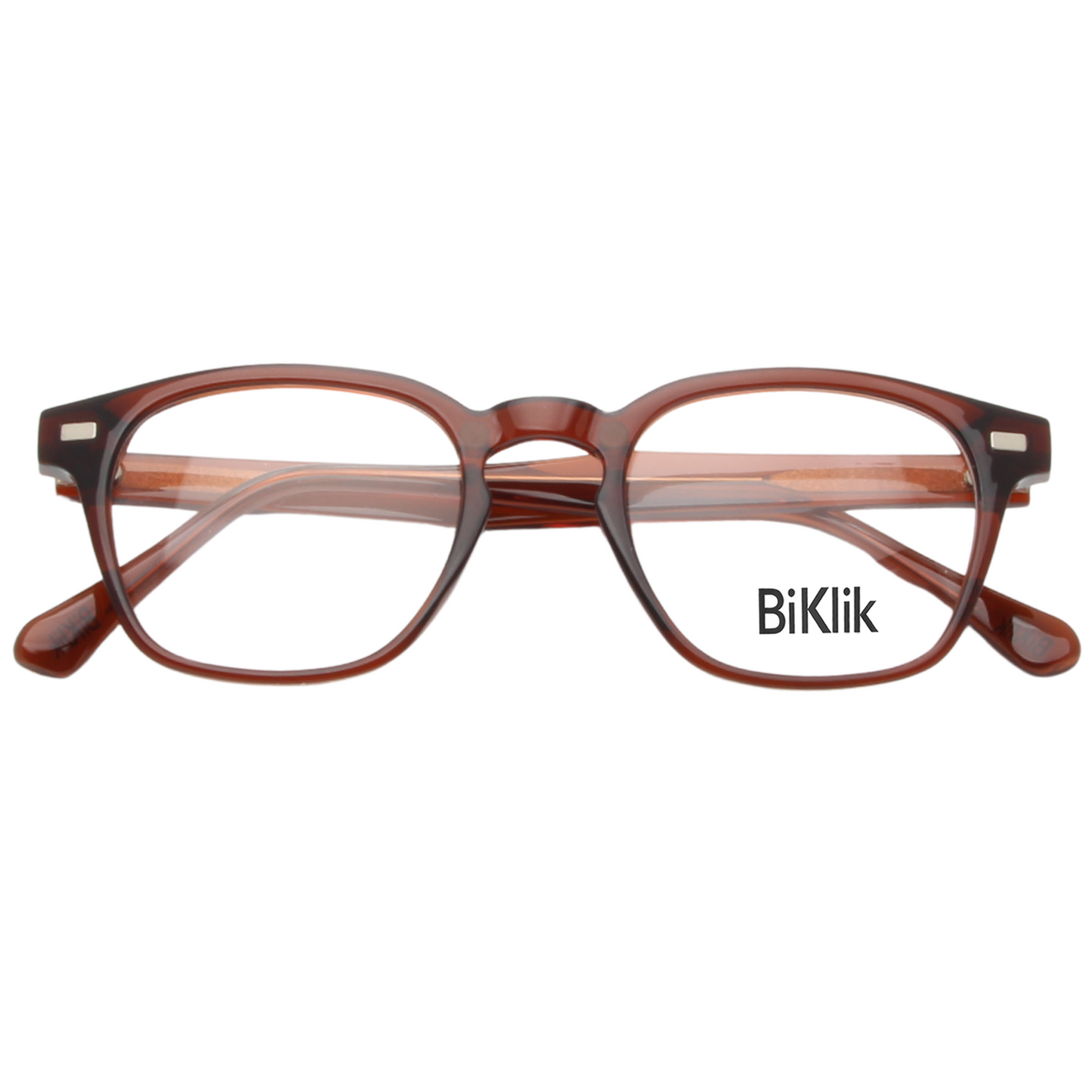 Brown eyeglasses with 'BiKlik' branding on a white background