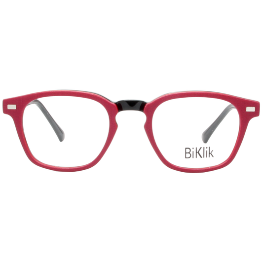 Red eyeglasses with 'BiKlik' branding on a white background