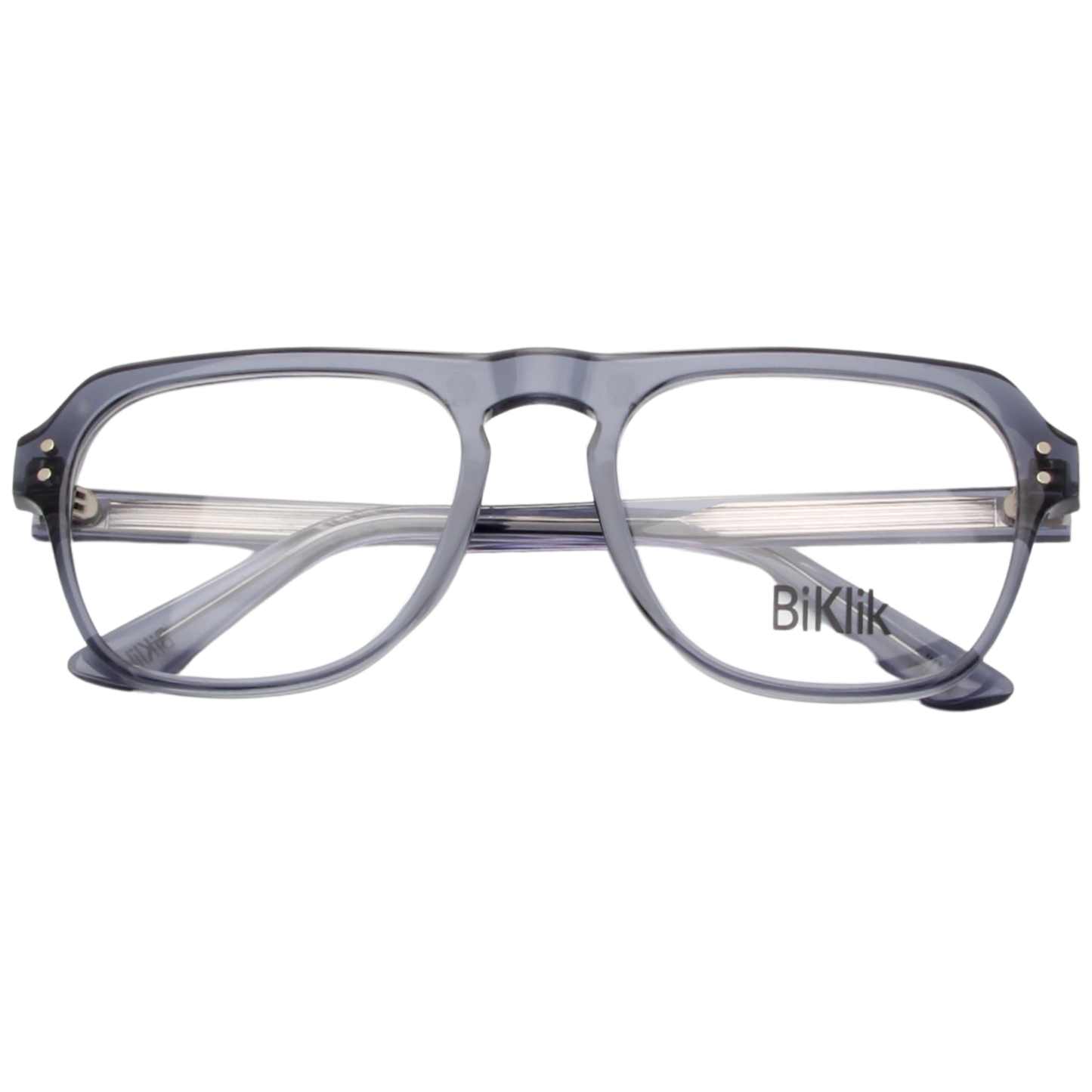 Clear eyeglasses with 'Biklik' branding on a white background