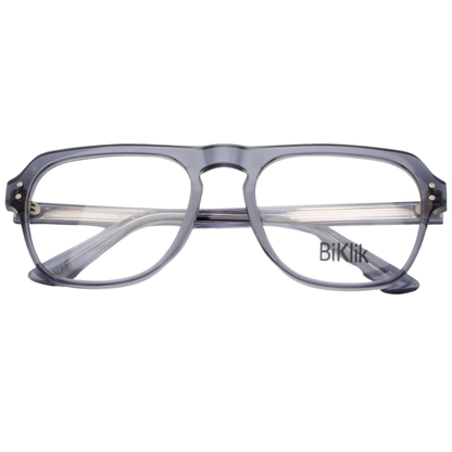 Clear eyeglasses with 'Biklik' branding on a white background