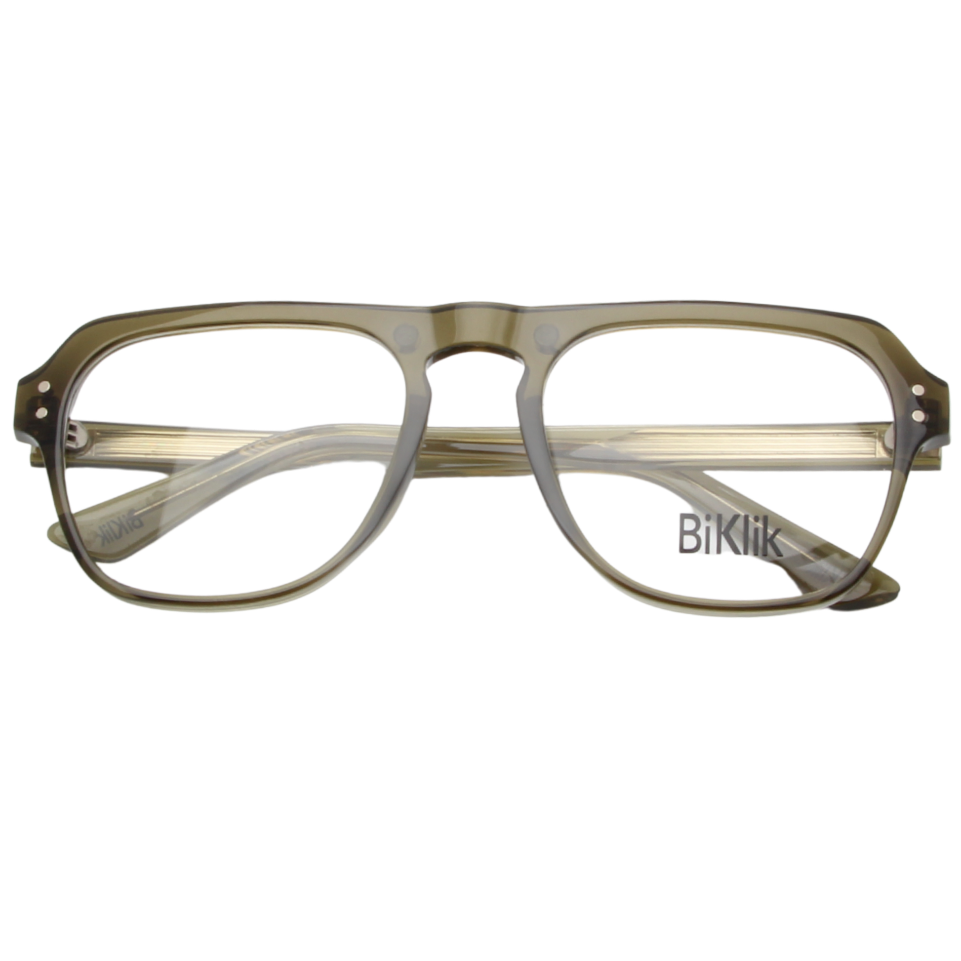 Eyeglasses with a beige frame on a white background, featuring the brand 'BiKlik'.