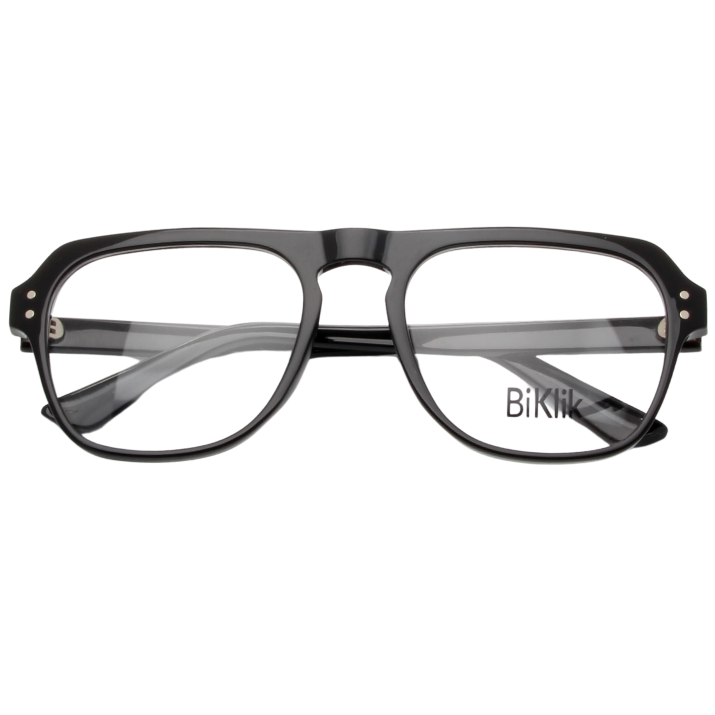 Black eyeglasses with 'Biklik' branding on a white background