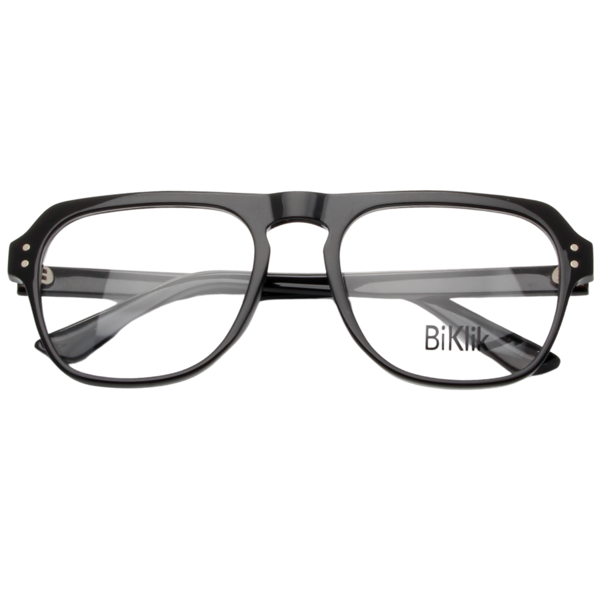 Black eyeglasses with 'Biklik' branding on a white background