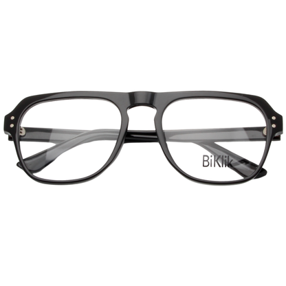 Black eyeglasses with 'Biklik' branding on a white background