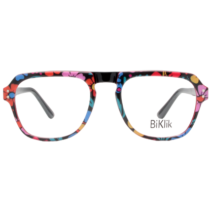 Colorful eyeglasses with a floral pattern on a white background, featuring the brand 'BiKlik'.