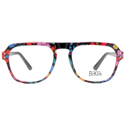 Colorful eyeglasses with a floral pattern on a white background, featuring the brand 'BiKlik'.