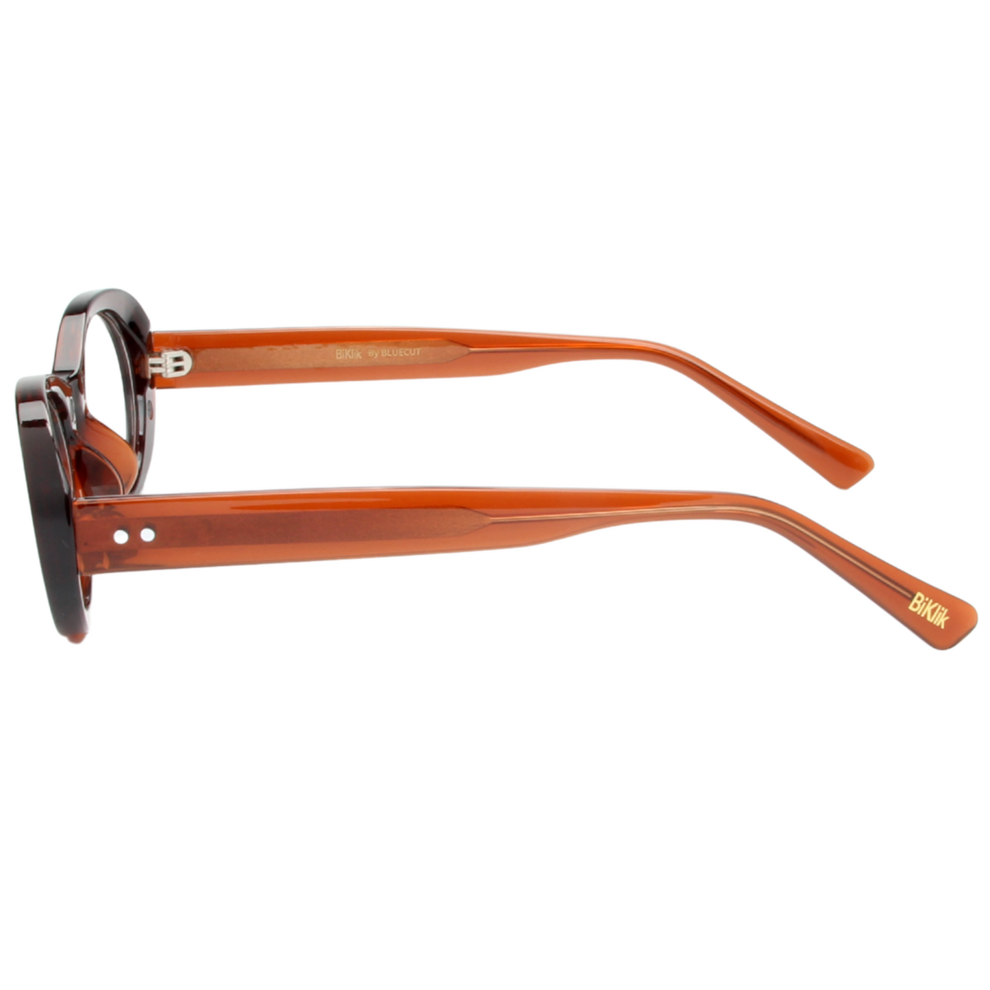 Orange eyeglasses with a black frame on a white background