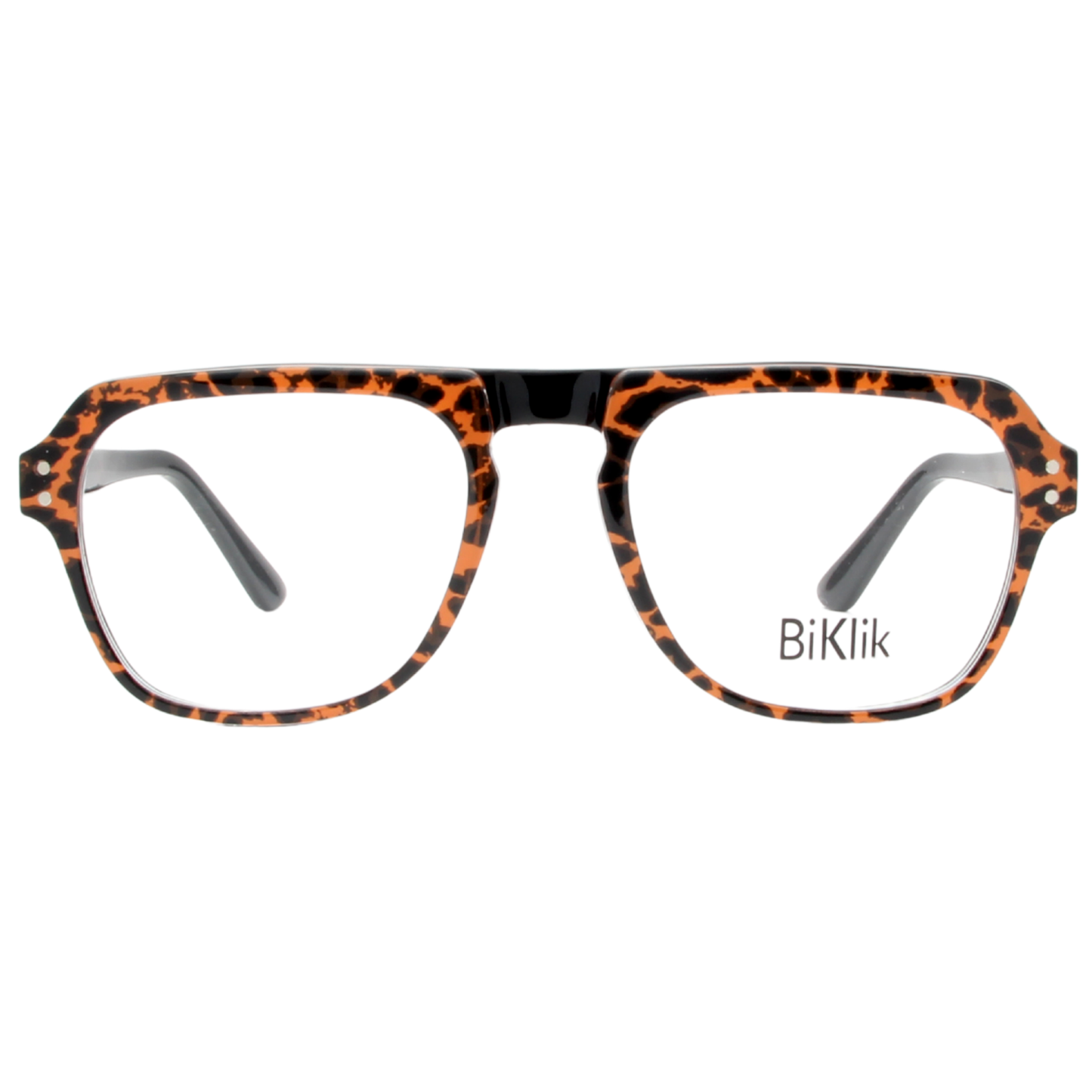 Leopard print eyeglasses with 'BiKlik' branding on a white background