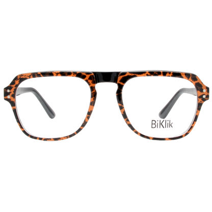 Leopard print eyeglasses with 'BiKlik' branding on a white background