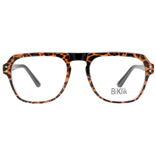 Leopard print eyeglasses with 'BiKlik' branding on a white background