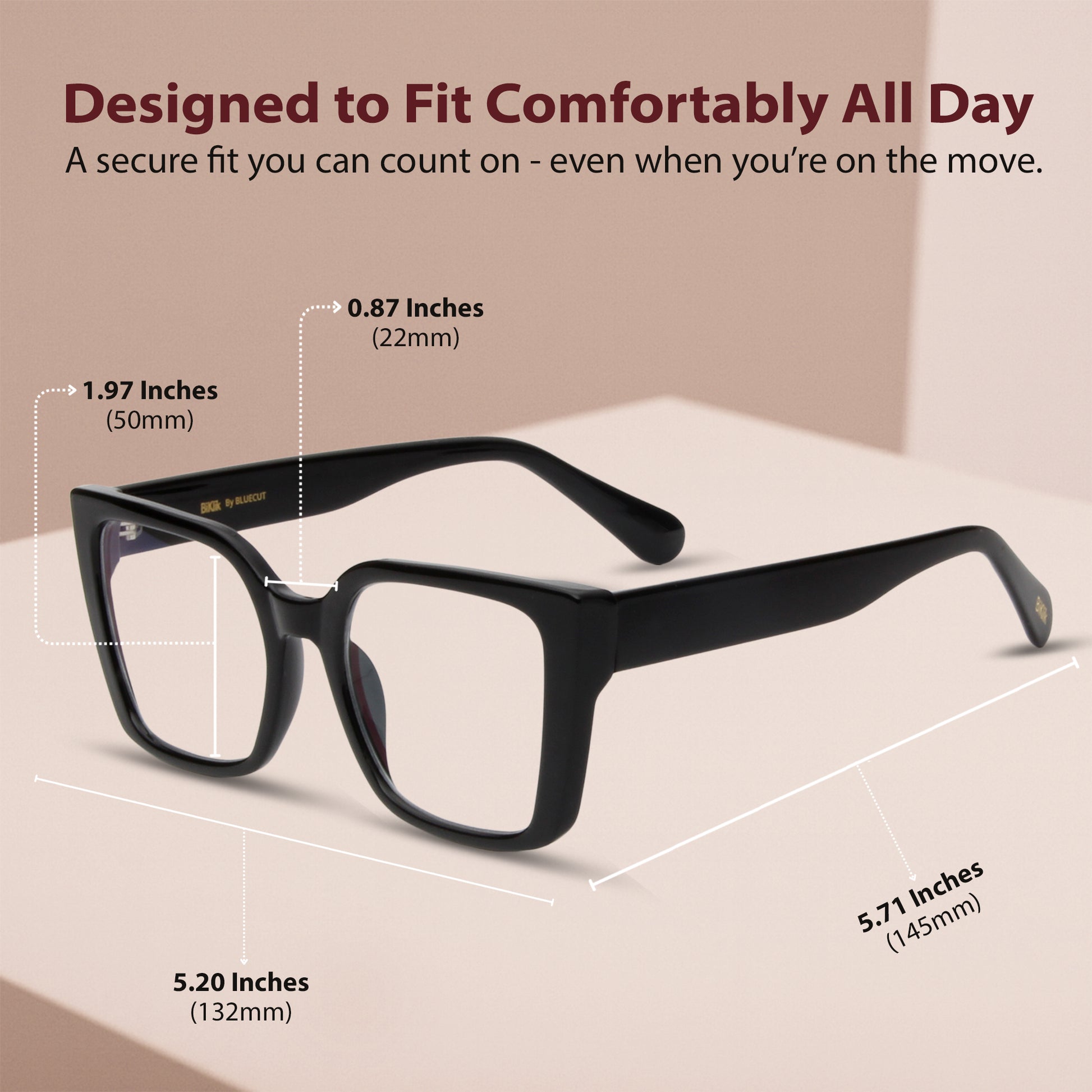 Black eyeglasses with measurements on a beige background