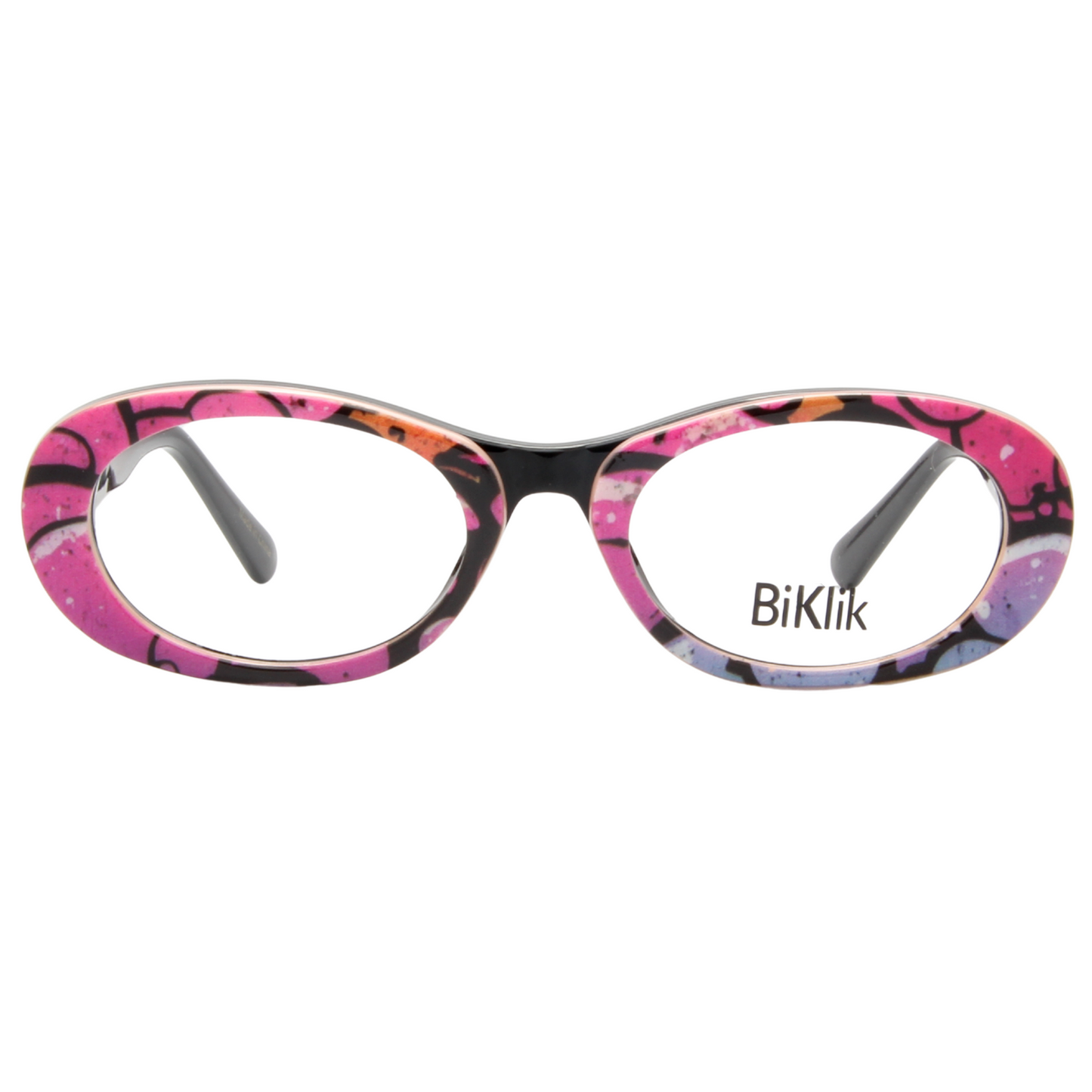 Colorful eyeglasses with a patterned frame on a white background