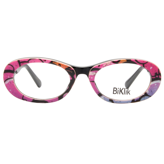 Colorful eyeglasses with a patterned frame on a white background