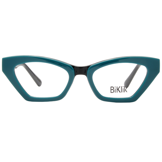 Teal cat-eye glasses with 'BiKlik' branding on a white background