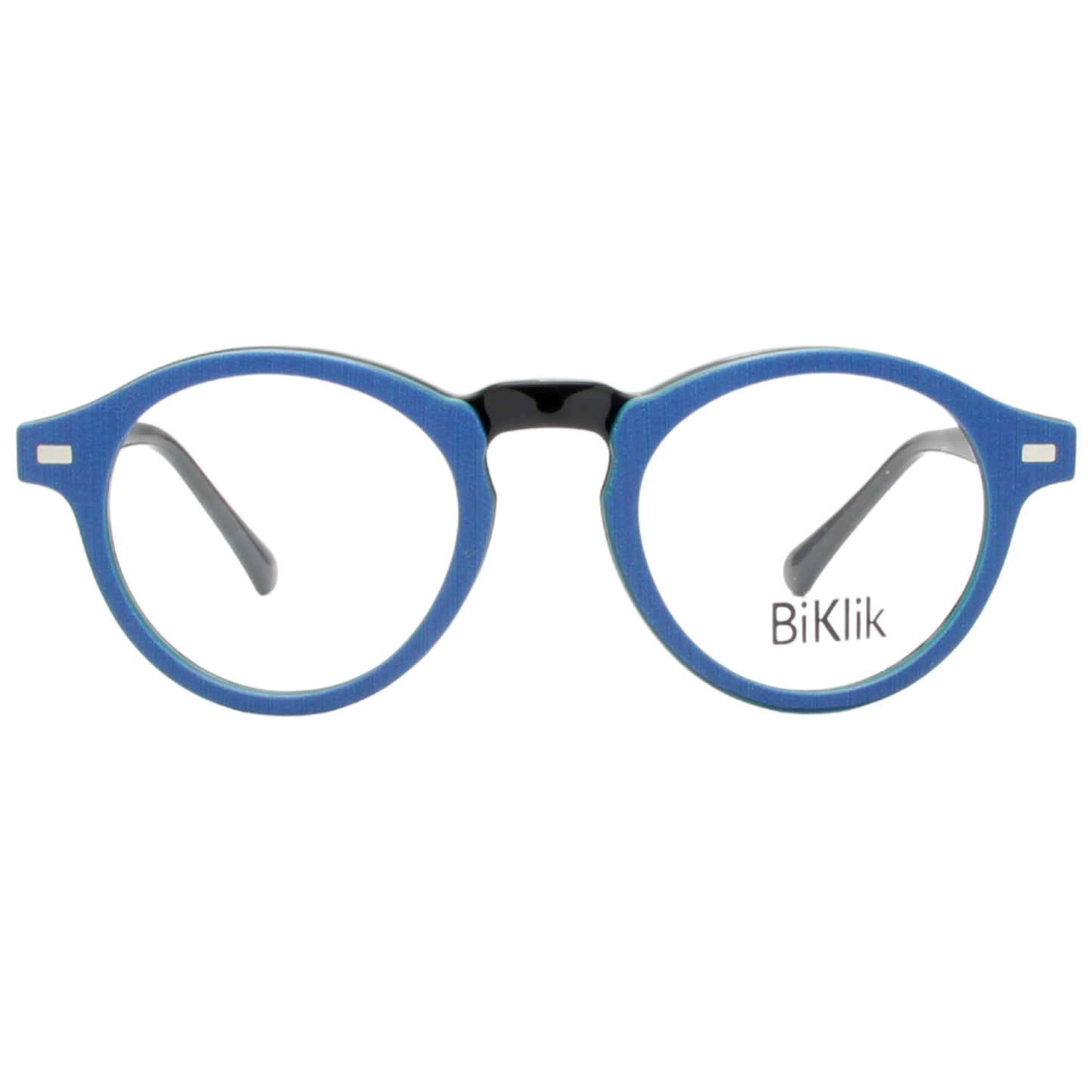 Blue eyeglasses with 'BiKlik' branding on a white background