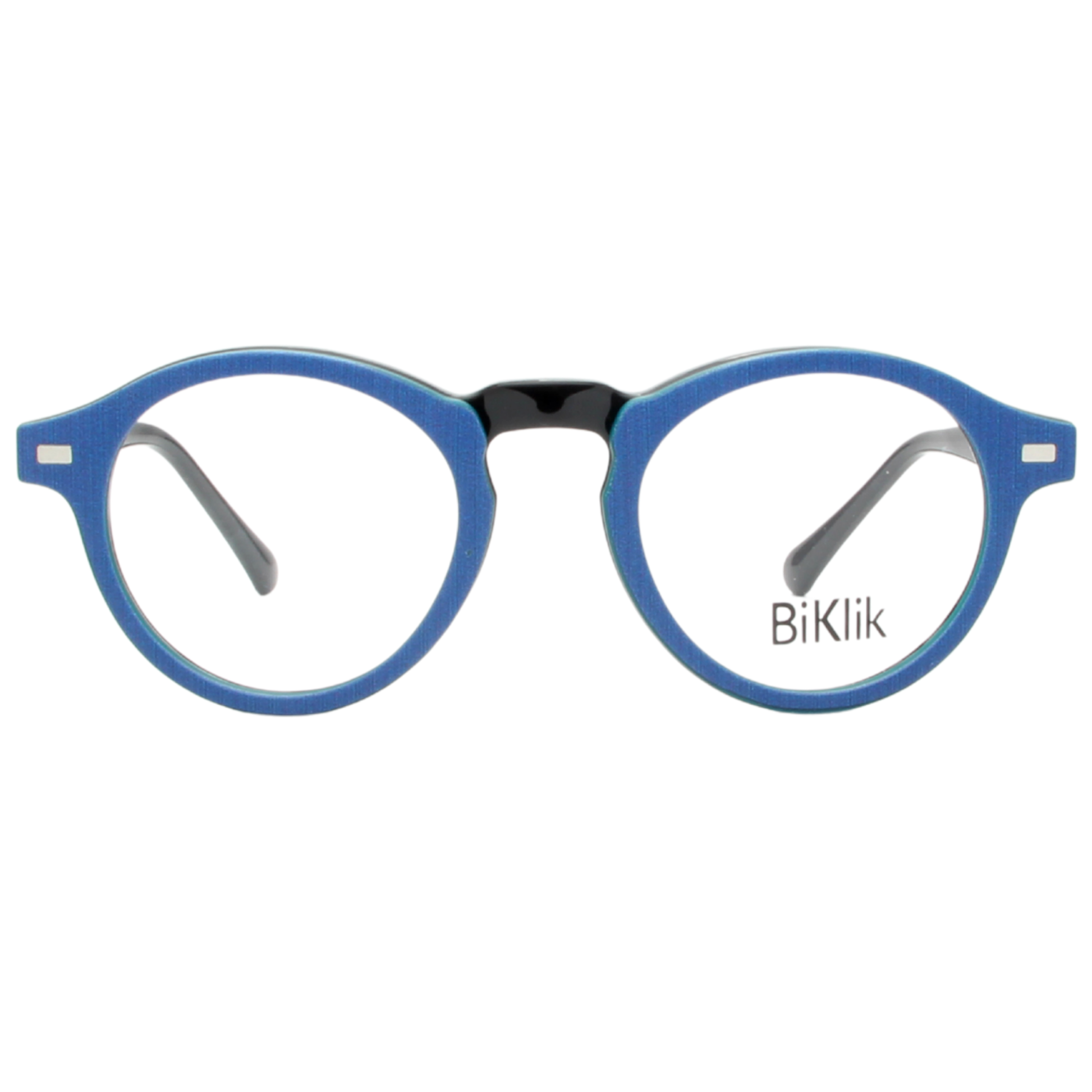 Blue eyeglasses with 'BiKlik' branding on a white background
