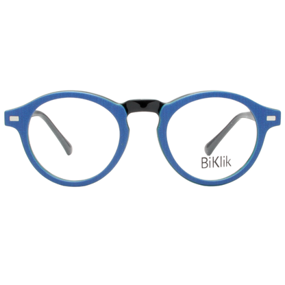 Blue eyeglasses with 'BiKlik' branding on a white background