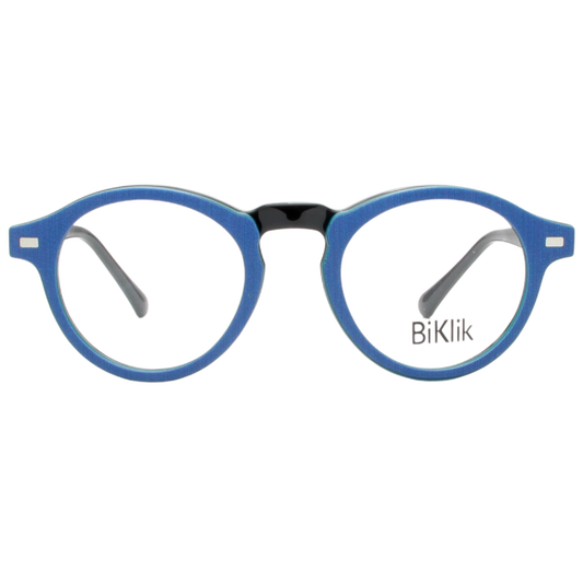 Blue eyeglasses with 'BiKlik' branding on a white background