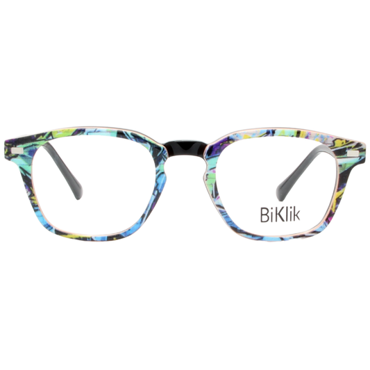 Multicolored eyeglasses with 'BiKlik' branding on a white background