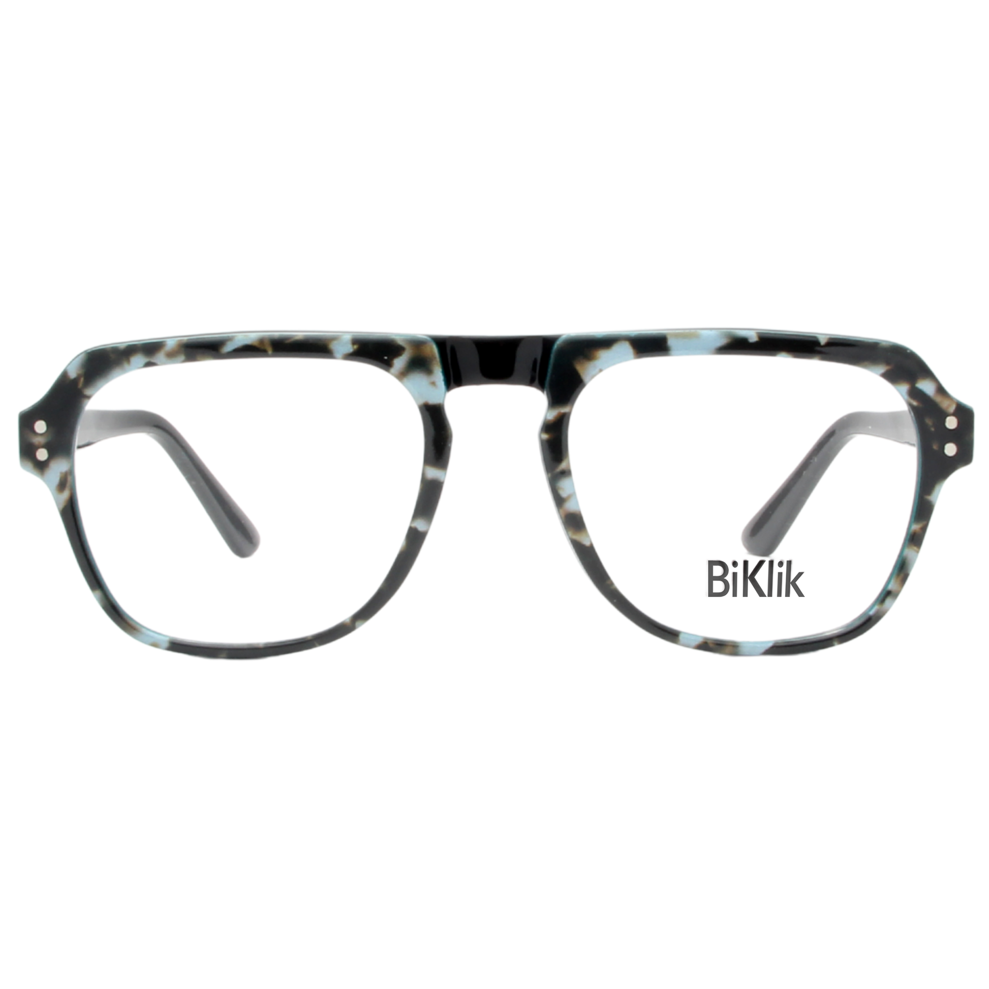 Glasses with a tortoiseshell pattern on a white background, featuring the brand 'BiKlik'.