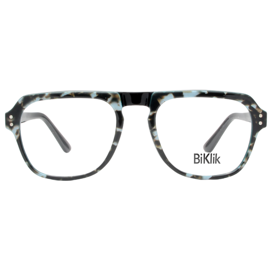 Glasses with a tortoiseshell pattern on a white background, featuring the brand 'BiKlik'.