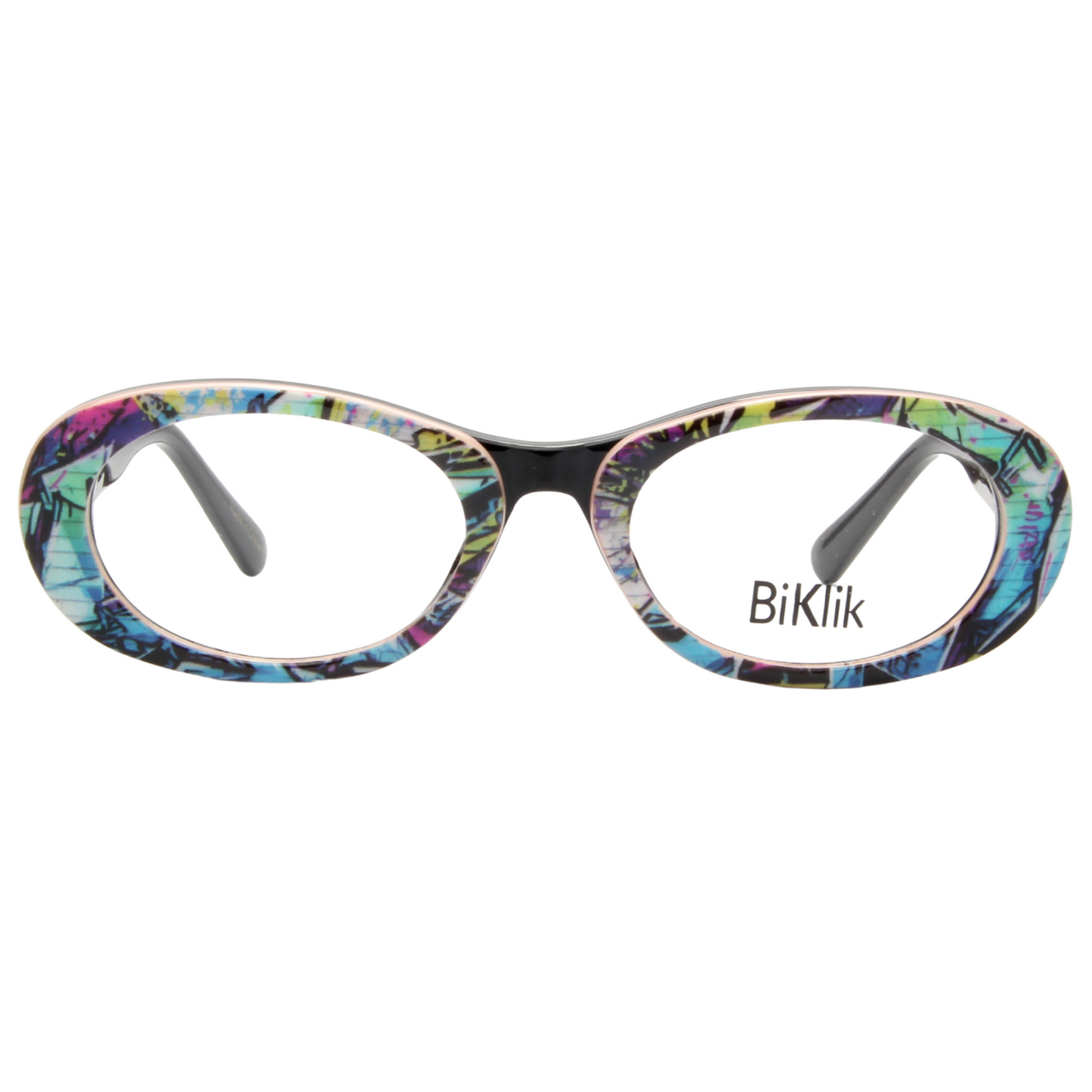 Multicolored eyeglasses with 'BiKlik' branding on a white background