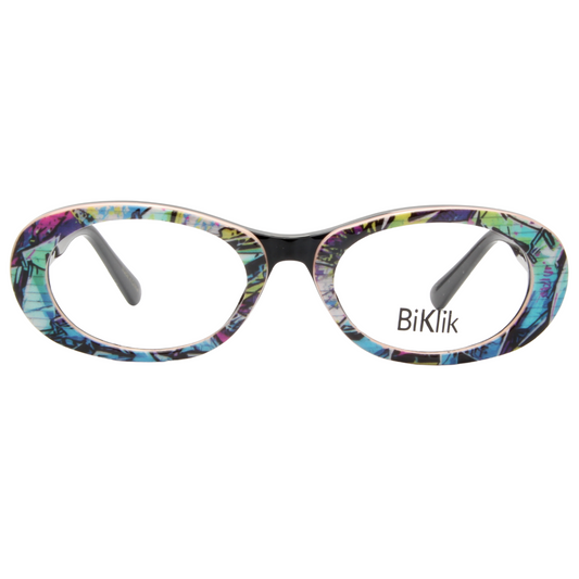 Multicolored eyeglasses with 'BiKlik' branding on a white background