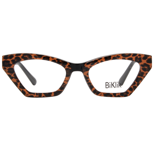 Leopard print cat-eye glasses with 'BiKlik' branding on a white background