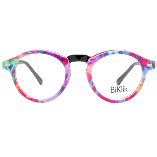 Colorful eyeglasses with a 'BiKlik' logo on a white background
