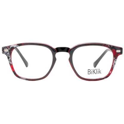 Red and black eyeglasses with floral pattern on a white background, featuring the brand 'BiKlik'.