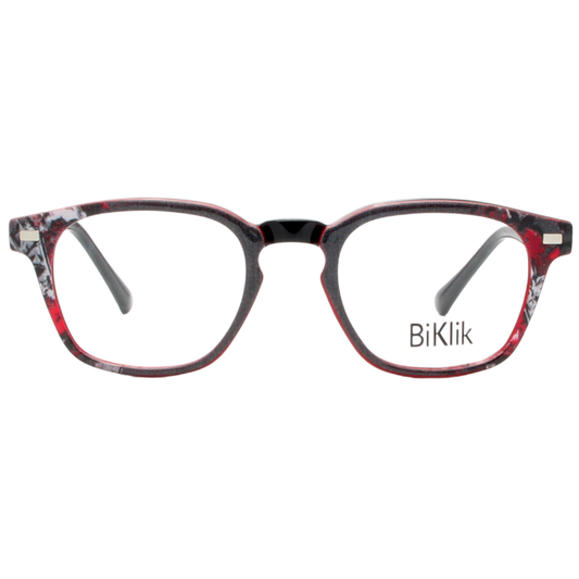 Red and black eyeglasses with floral pattern on a white background, featuring the brand 'BiKlik'.