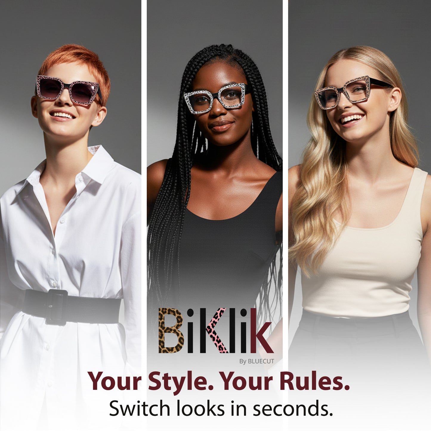 Three women wearing glasses with the brand 'Biklik' displayed.