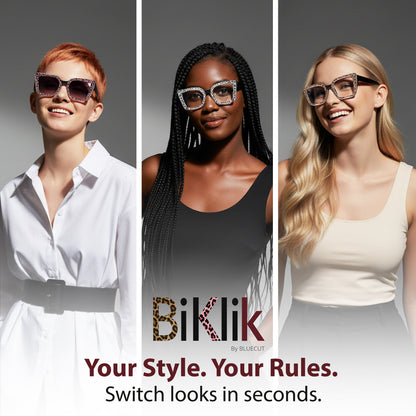 Three women wearing glasses with the brand 'Biklik' displayed.