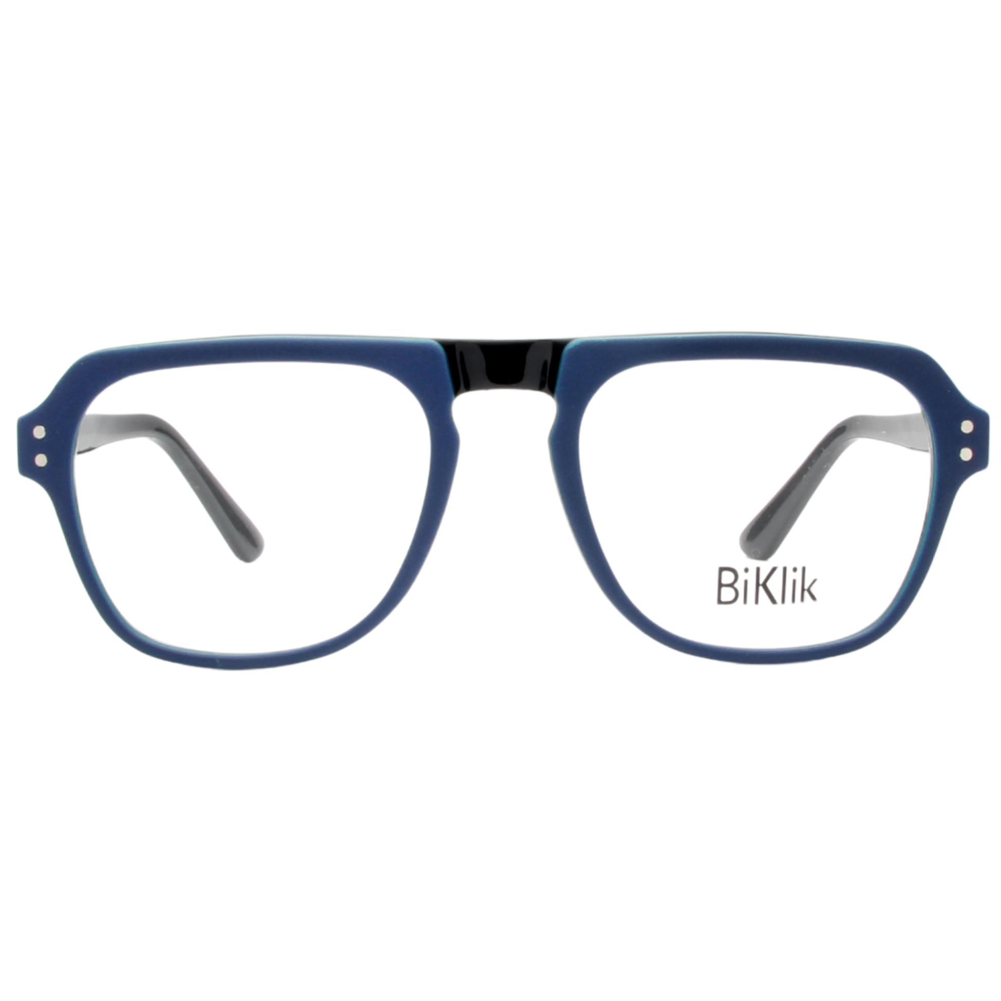 Blue eyeglasses with 'BiKlik' branding on a white background