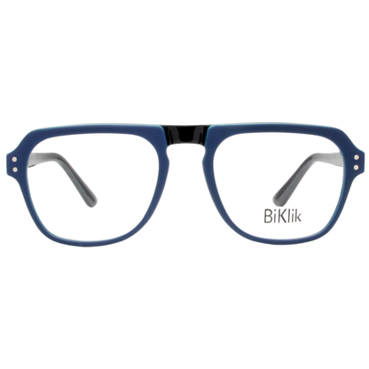 Blue eyeglasses with 'BiKlik' branding on a white background
