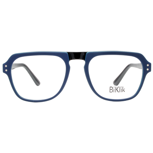 Blue eyeglasses with 'BiKlik' branding on a white background