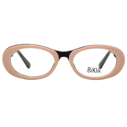 Eyeglasses with a beige frame and black arms on a white background, featuring the brand 'BiKlik'.