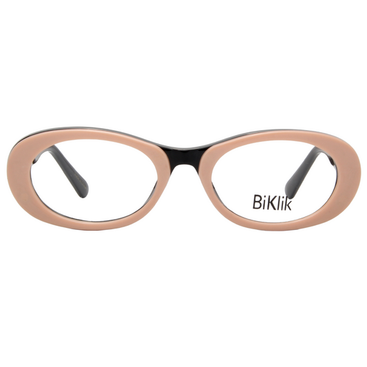 Eyeglasses with a beige frame and black arms on a white background, featuring the brand 'BiKlik'.