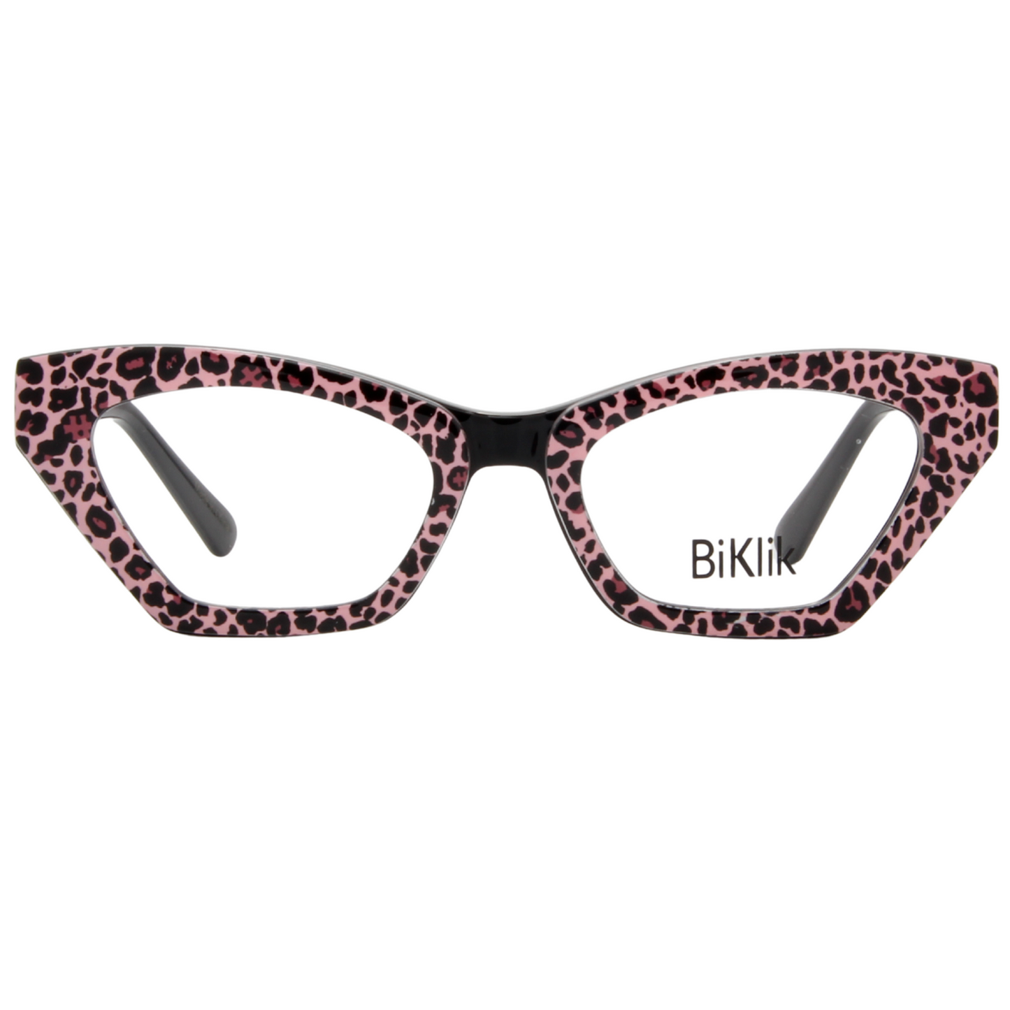 Cat-eye glasses with pink leopard print frame on a white background