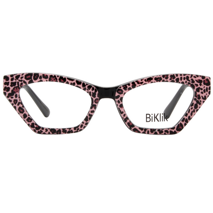 Cat-eye glasses with pink leopard print frame on a white background